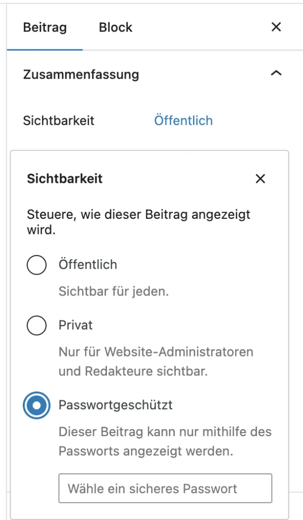 Inhalte in WordPress schützen passwort post wordpress