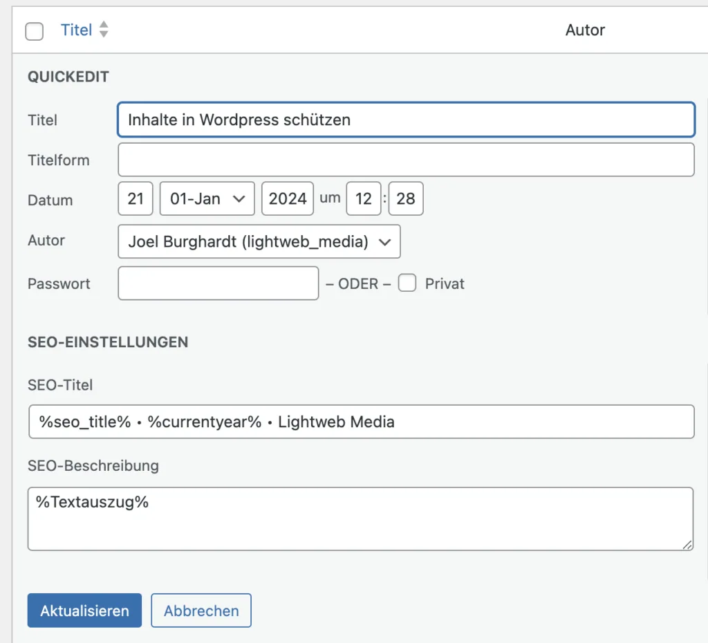 Inhalte in WordPress schützen quick edit passwort