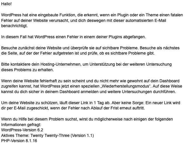 - Lightweb Media GmbH Wordpress: es gab einen kritischen Fehler auf Deiner Website wordpress kritischer fehler mail