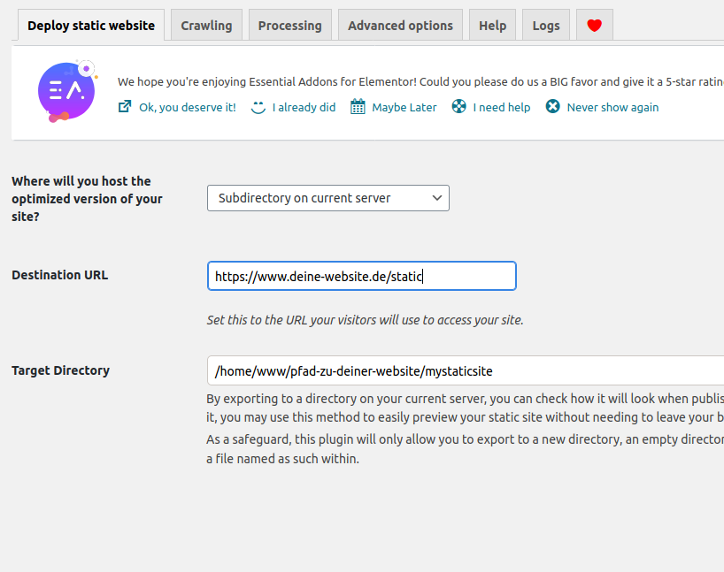 wp2static plugin einstellungen wpstatic plugin einstellungen