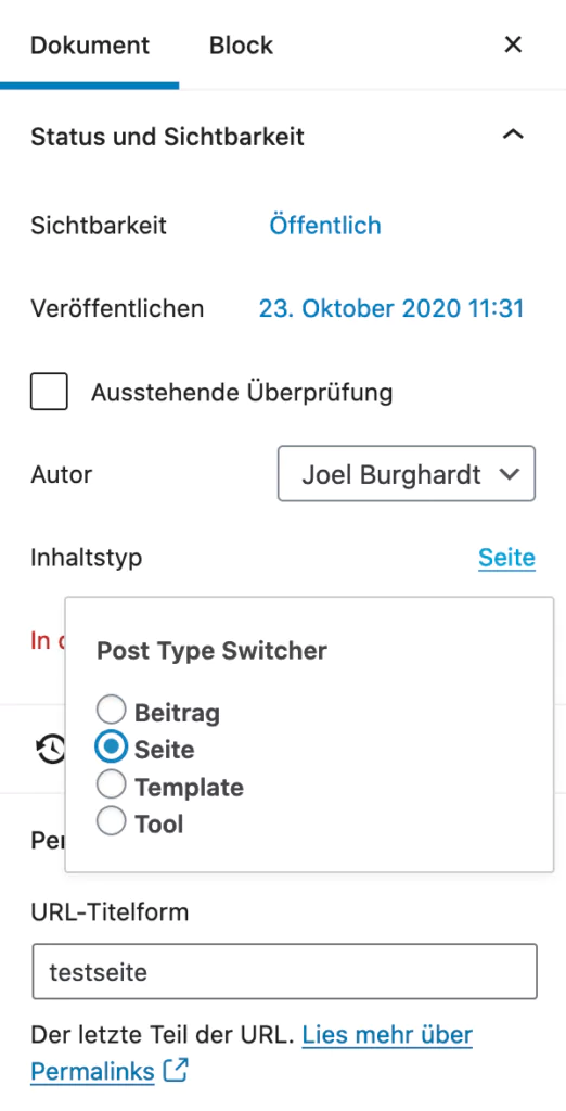 Post Type Switch: Seite zu Beitrag und umgekehrt wechseln Gutenberg Sidebar Post Type Switcher