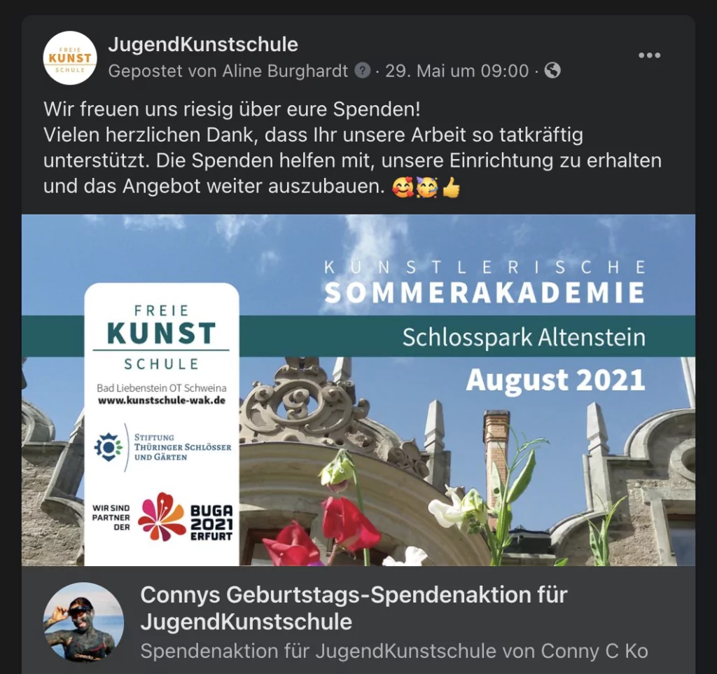Vereine über Facebook Geburtstagsspendenaktionen unterstützen Kunstschule promoted Connys Aktion Facebook Geburtstags Spendenaktion