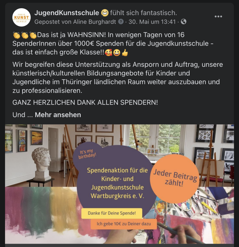 Vereine über Facebook Geburtstagsspendenaktionen unterstützen Kunstschule promoted mich Facebook Geburtstags Spendenaktion Vereine über Facebook Geburtstagsspendenaktionen unterstützen Kunstschule promoted mich Facebook Geburtstags Spendenaktion