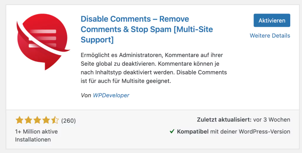 Kommentare in WordPress ausblenden Disable Comments Plugin