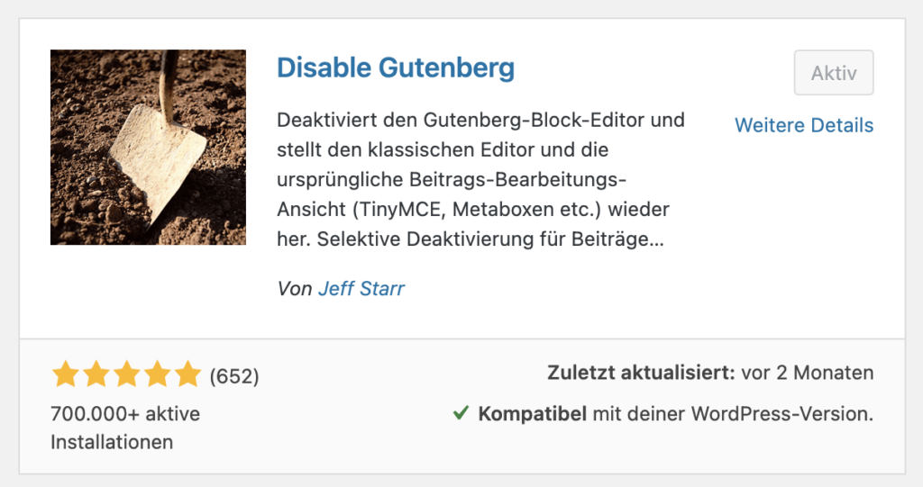 WordPress Gutenberg deaktivieren + aktivieren Disable Gutenberg Plugin installation