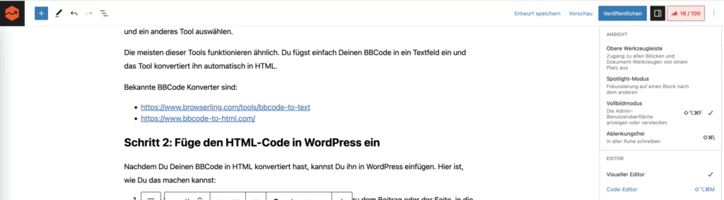 BBCode zu WordPress einfügen wechsel in den code editor