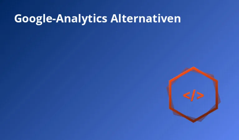 blauer hintergrund mit "google-analytics alternativen" und hexagon mit html-symbol.