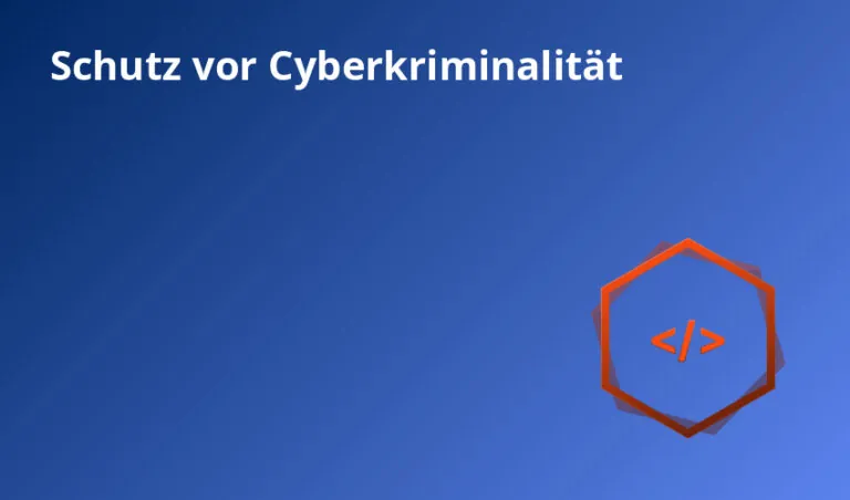 blauer hintergrund mit schriftzug "schutz vor cyberkriminalität" und rotem symbol.