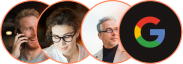 drei profilbilder mit google-logo auf schwarzem hintergrund in kreisform.