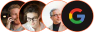 drei profilbilder mit google-logo auf schwarzem hintergrund in kreisform.