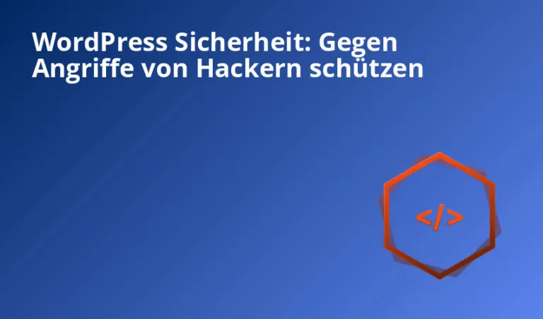 blauer hintergrund mit text: wordpress sicherheit gegen hackerangriffe schützen und ein rotes codesymbol.